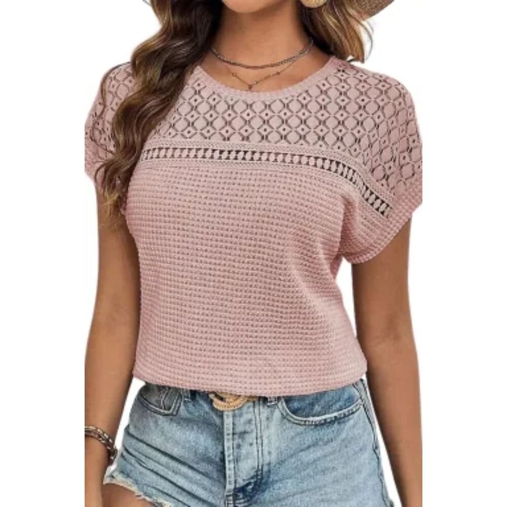 SHEWIN WOMEN LIGHT PINK HOLLOW PATCHWORK WAFFLE KNIT TOP - Picture 3 of 6